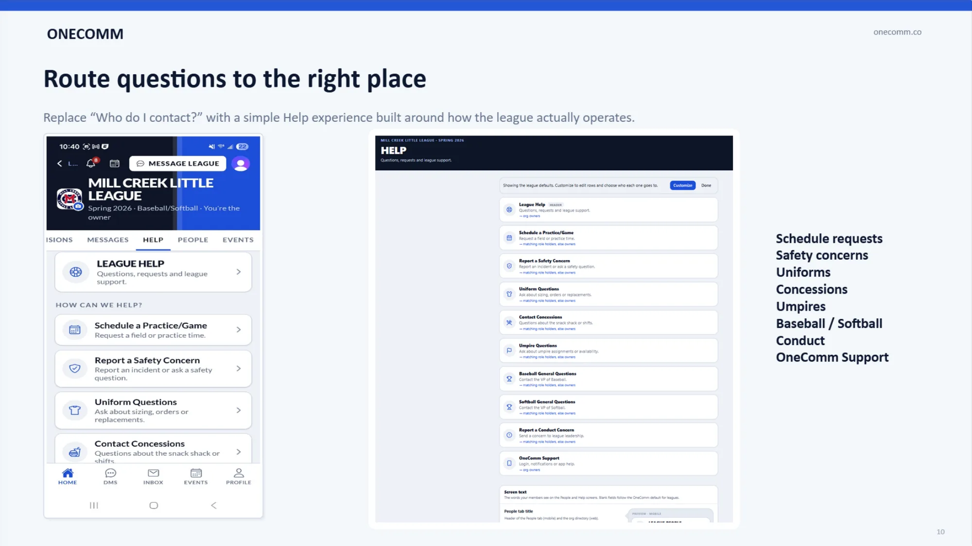Questions find the right person in the department — from the OneComm presentation